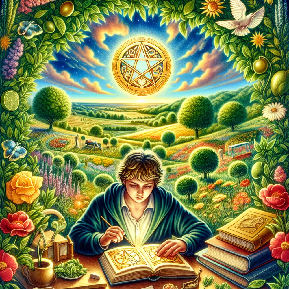 A youthful figure, engrossed in studying a golden pentacle, surrounded by a lush, pastoral landscape blooming with life, potential, and vivid greenery. The sky overhead is vibrant and bright, symbolizing the emergence of knowledge and dedication to hard work. Around the figure, objects representative of education — books and scrolls — are scattered. The land below is teeming with lush vegetation, underscoring the theme of aspiration and diligence.