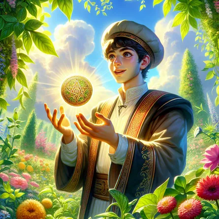 An image of a young, enthusiastic scholar of Middle-Eastern descent, holding a shimmering golden pentacle. The scholar is standing in a vibrant, green garden filled with flourishing plants and flowers, under a radiant sky dappled with soft, fluffy clouds. The scholar is wearing traditional scholar clothing, with a cap and a gown, and has an expression of focused concentration on their face as they examine the pentacle. The garden around them is vibrant and teeming with life, bringing a feel of enchantment to the scene.
