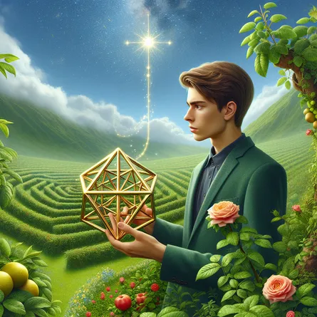 A young public figure stands in a richly green meadow, intriguingly analyzing a golden pentagonal object held in their hand. The thick carpet of grass, plentiful fruit bearing trees and thriving roses encompass the distinguished figure. A glistening strand visually connects the pentagonal object to a radiant celestial body in the clear sky, symbolizing the connection between down-to-earth pursuits and high-sky ambitions.