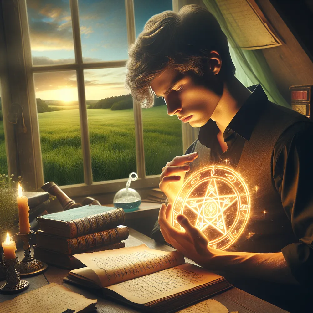 Generate an image of a youthful Caucasian male engrossed in his studies, cradling a radiant golden pentacle in his hands. His desk is cluttered with time-worn scrolls and a glowing magic crystal, signifying knowledge and a hint of mystery. Beyond the window at his back stretches a verdant, lush field, embodying prosperity and growth.
