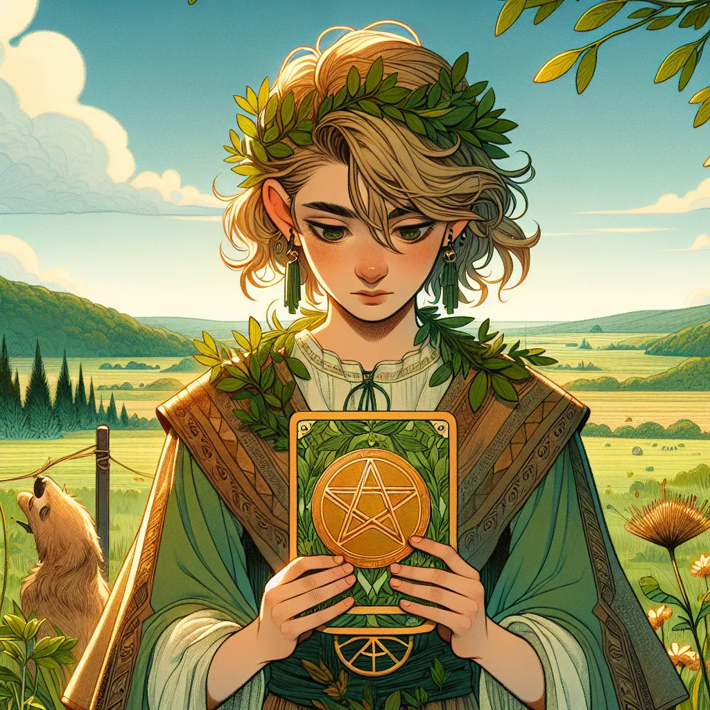 Create an illustration of a youthful figure as the Page of Pentacles, standing in a lush green landscape. They hold a golden pentacle in their hands, gazing at it with focused curiosity and determination. Emphasize the rich details in their attire, incorporating earthy tones and natural elements like leaves and small branches. The background features a distant field under a clear blue sky, symbolizing new beginnings and potential. The scene conveys a sense of exploration and learning, inspired by the spirit of discovery and growth.