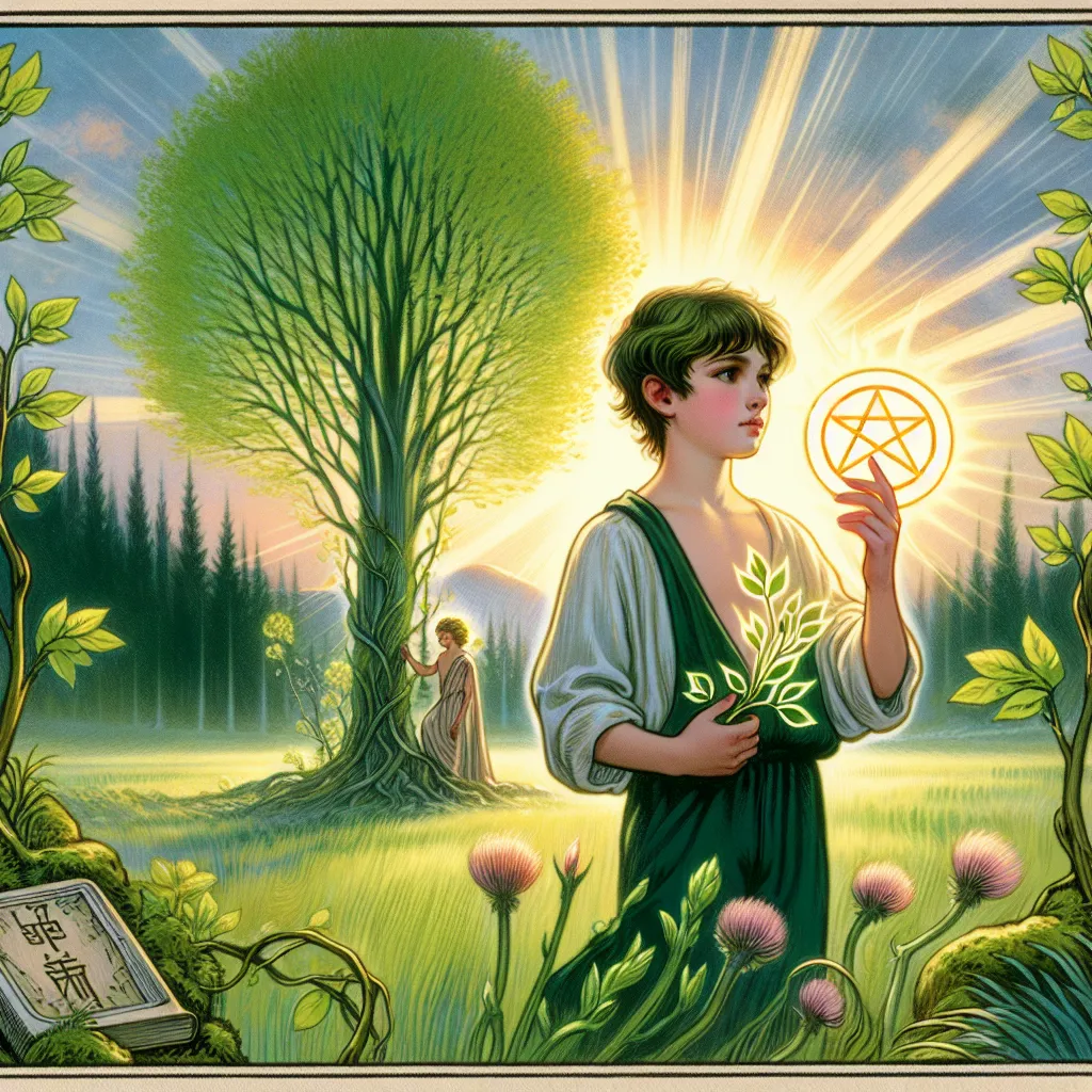 Create an image of a youthful, eager figure of undisclosed descent and gender standing in a lush, green field, symbolizing the concept associated with the Page of Pentacles in tarot iconography. They are holding a single luminous pentacle, looking at it with curiosity and resolution. In the backdrop, there are budding trees and vivacious plants, emphasizing the theme of growth and potential. The entire scene is bathing in the soft glow of a sunrise, acting as a metaphor for fresh starts and the onset of a promising journey. Integrate aspects of ancient philosophy through subtle scrolls or symbols etched into the earth, denoting the anchoring wisdom of stoicism.