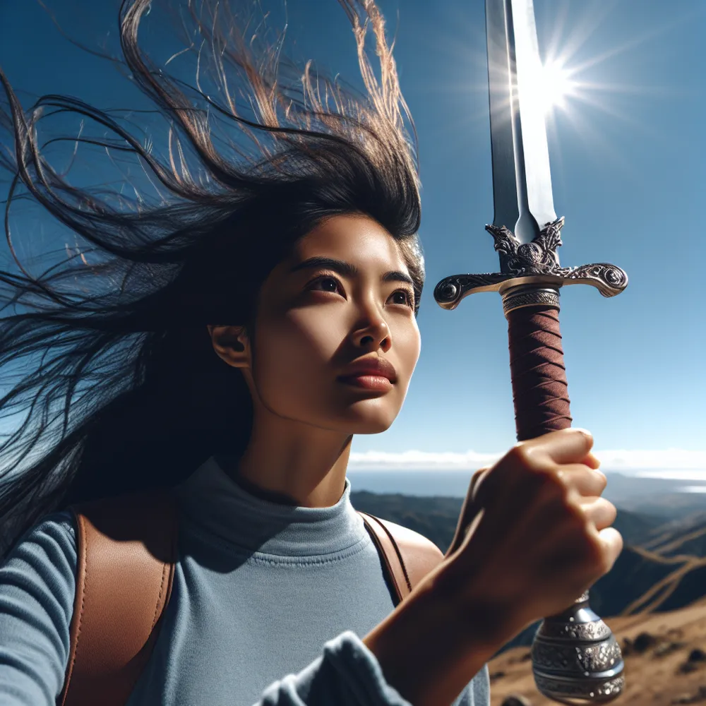 A young South Asian woman stands on a wind-battered hilltop, her gleaming sword defiantly held overhead, embodying her curiosity and thirst for gaining knowledge. The clear, sunshine-filled azure sky behind her exemplifies clarity of thought. Gusts of wind twirling around her allude to mental agility. She gazes into the far horizon, symbols of optimism and hope seen in her eyes as she contemplates the future.