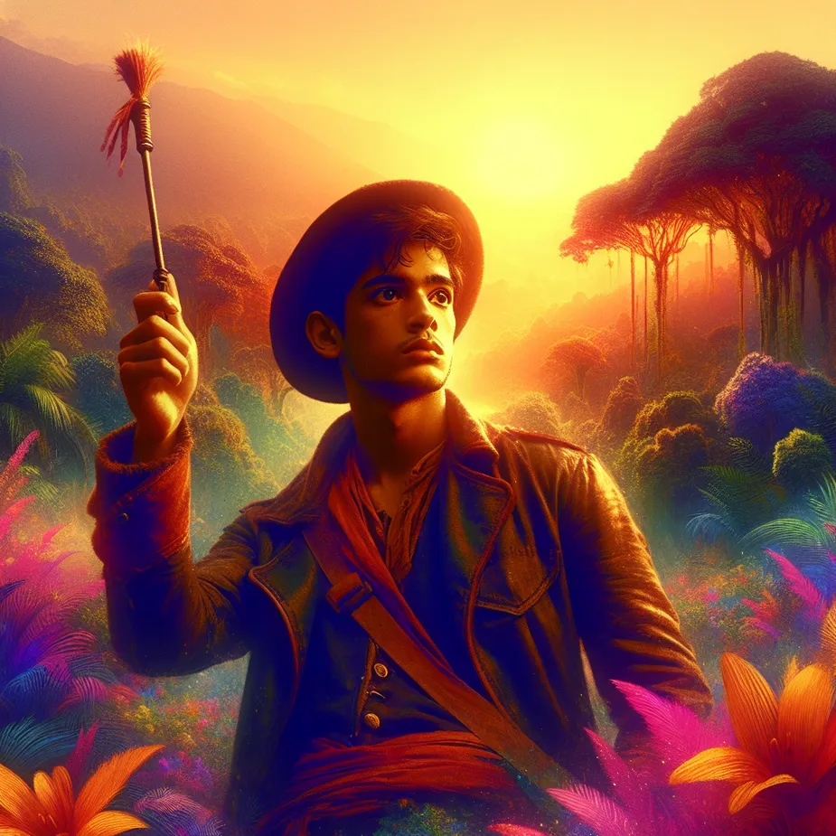 Create an image of a young, South Asian male explorer holding a wand high in the air during the beginning of a new day. His facial expressions radiating vibrancy and curiosity, hinting at his youthful fearlessness. He stands tall against a lush and untamed wilderness, filled with tall trees and vibrant flowers, a landscape he is eager to embark upon. The color palette should be rich and vivid, embodying deep hues of sunrise that invoke the spirit of passion and creativity.
