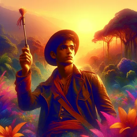 Create an image of a young, South Asian male explorer holding a wand high in the air during the beginning of a new day. His facial expressions radiating vibrancy and curiosity, hinting at his youthful fearlessness. He stands tall against a lush and untamed wilderness, filled with tall trees and vibrant flowers, a landscape he is eager to embark upon. The color palette should be rich and vivid, embodying deep hues of sunrise that invoke the spirit of passion and creativity.