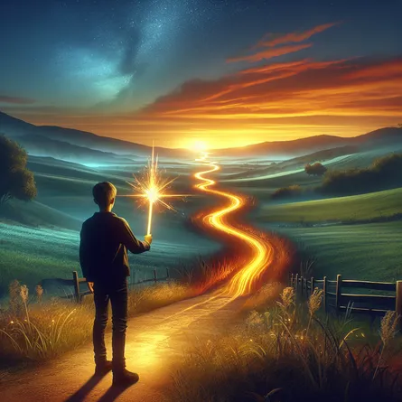 Generate an image of a young and energetic figure of Hispanic descent, holding a brightly glowing wand, standing at the beginning of a winding path stretching forward into a countryside landscape. This figure exhibits the vibrancy and eagerness anticipated for an adventurous journey. The path leads to the horizon, encapsulating the concept of exploration and discovery. The surrounding scenery should be filled with the splendid colors of dawn, illuminating the path and casting a promising light on the journey ahead.