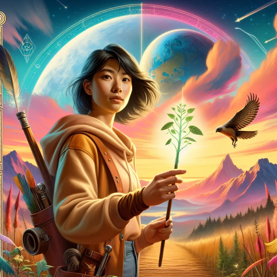 A young Asian female adventurer steps forward with determination, holding a burgeoning wand, with a vibrant landscape in the backdrop. The sky is alive with the colours of sunrise, signifying new beginnings. To the side, incorporate symbolic references to the romantic era tarot cards - The Fool and The World. Perhaps visualize this with a feather floating in the wind, and a globe partially visible behind the landscape.