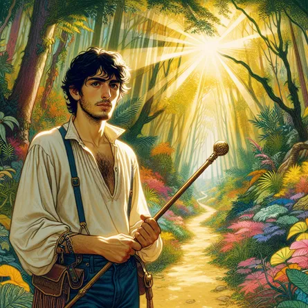 A young Middle-eastern man, full of energy and life, stands poised at the beginning of a path which meanders through a dense, vibrant forest, teeming with colorful foliage and dappled sunlight. In his hand, he grips a wand akin to a pioneer about to chart uncharted lands. Somewhere distant, beyond the eye's reach, possible adventures await attraction. The man's gaze is forwards, filled with curiosity and a sense of exploration, a fitting manifestation of the energy typically attributed to the Page of Wands in tarot readings.