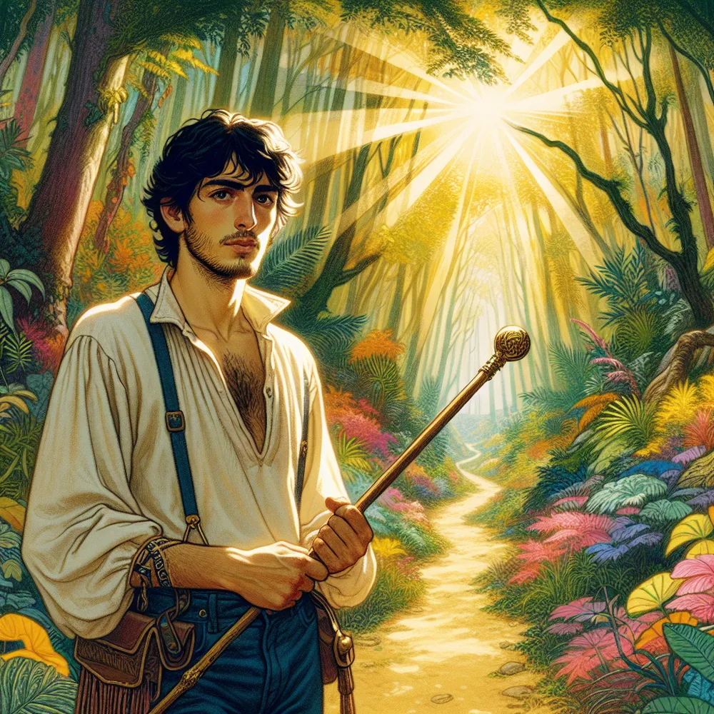 A young Middle-eastern man, full of energy and life, stands poised at the beginning of a path which meanders through a dense, vibrant forest, teeming with colorful foliage and dappled sunlight. In his hand, he grips a wand akin to a pioneer about to chart uncharted lands. Somewhere distant, beyond the eye's reach, possible adventures await attraction. The man's gaze is forwards, filled with curiosity and a sense of exploration, a fitting manifestation of the energy typically attributed to the Page of Wands in tarot readings.