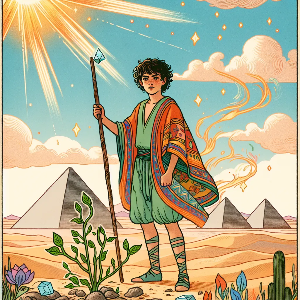 Create an image of the Page of Wands tarot card. Show a youthful figure, holding a wand firmly, standing in a desert landscape with pyramids in the background. The figure should be dressed in vibrant, colorful robes with a look of curiosity and determination. Include elements of nature like small budding plants or sparks of fire to symbolize new beginnings and energy. The sky should be bright and clear, suggesting optimism and potential.