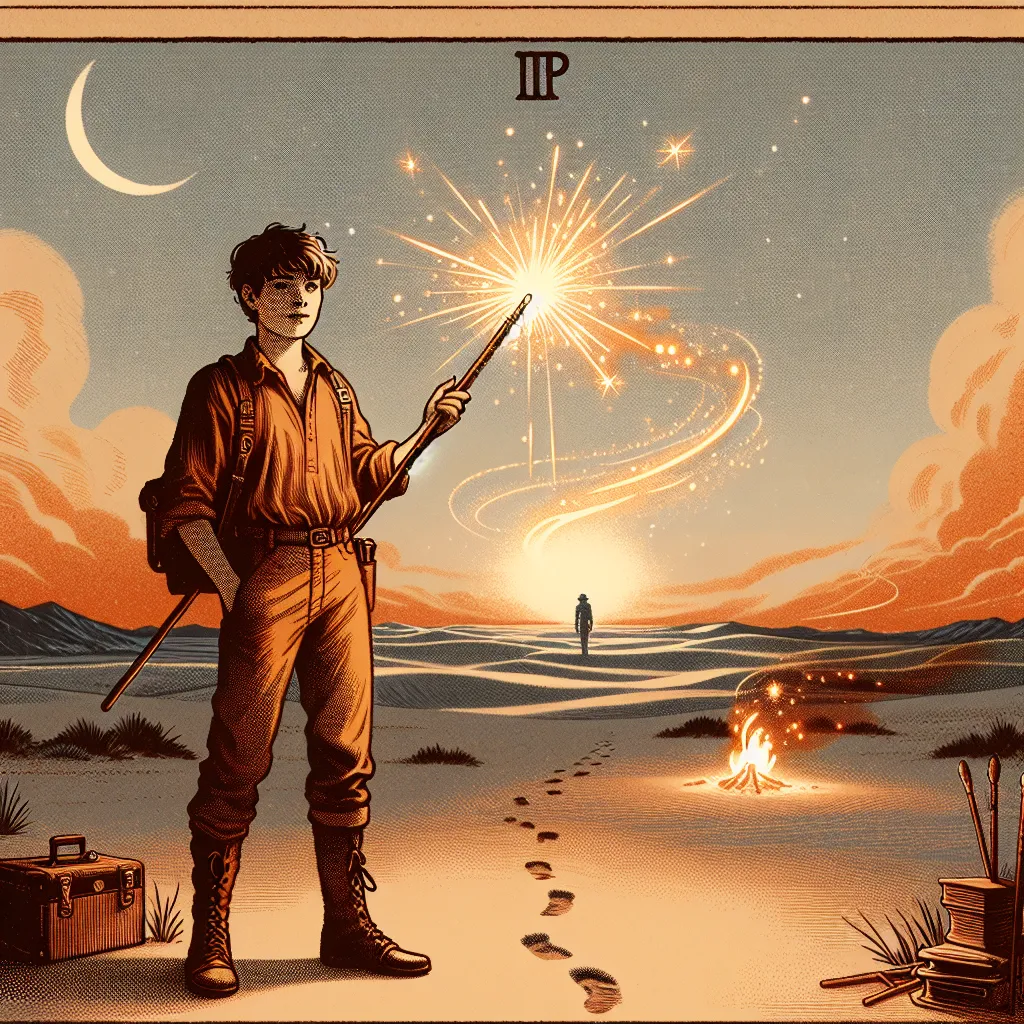 Create an artistic depiction of the "Page of Wands" tarot card. Focus on a young, adventurous figure standing confidently in a vast desert landscape. The figure holds a wand that sparks with light, symbolizing new ideas and opportunities. Surround them with elements of travel and exploration — a distant horizon, footprints in the sand, and a small campfire in the background. The mood should be one of optimism and curiosity, capturing the spirit of discovery and potential.