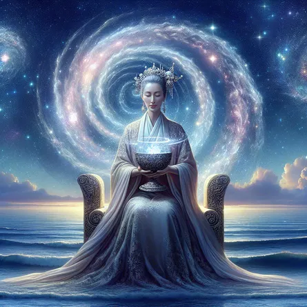 Generate an image of a mature, regal figure, portrayed as a queen, with a calming Oriental descent, delicately clutching a representative ornate goblet brimming with a glimmering, twirling representation of a galaxy. The figure seated on a magnificent seat embellished with understated oceanic motifs, a tranquil ocean stretching out in the backdrop under a radiant celestial night sky. The regal woman projects an aura of compassion, empathy, and induces a sense of tranquility and peace. Further past the serenity of the sea, the skyline shows faint inklings of a new sunrise, symbolizing rejuvenation and optimism.