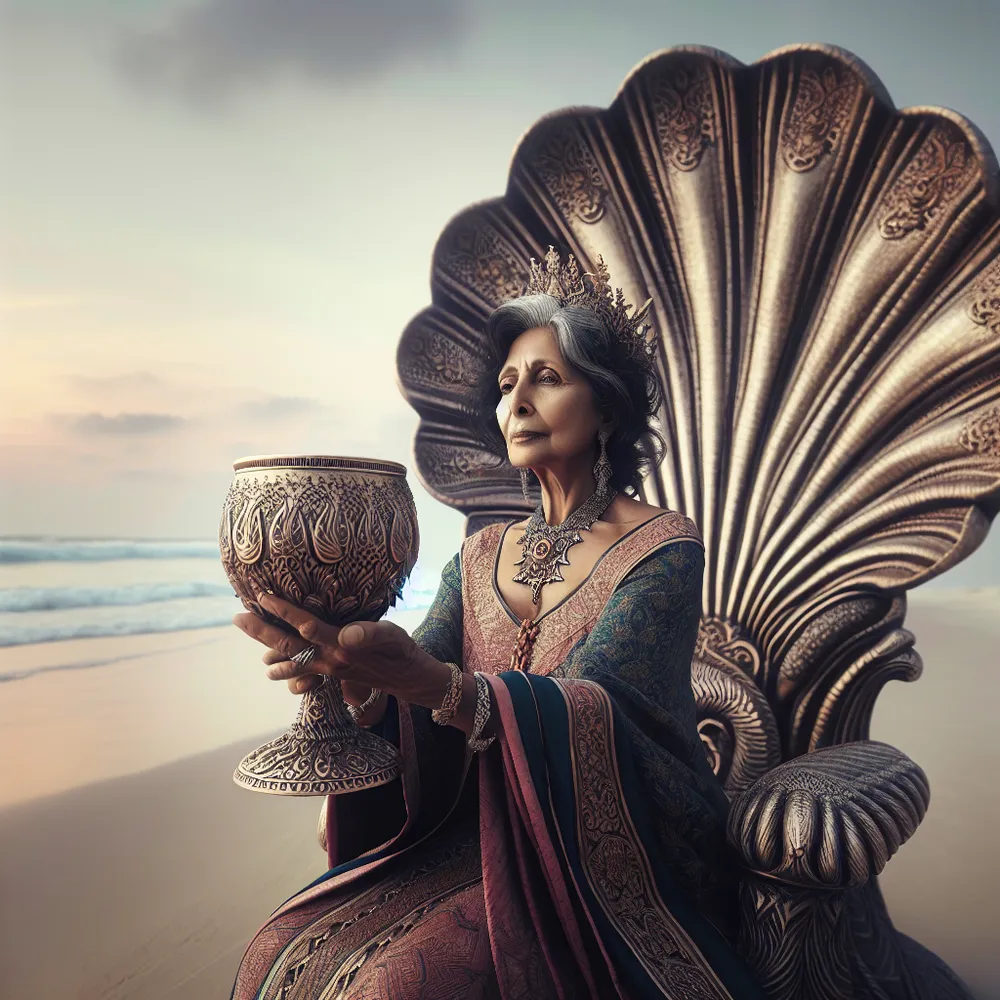 Please generate an image of a mature, empathetic public figure, who is represented as a queen. This South Asian woman is seated on an ornate throne shaped like a large seashell, stationed on a beach at the dusk's onset. In her hand, an intricately designed goblet is clutched, its contents seemingly the ocean itself. Her face, a picture of calm and serenity, is directed towards the goblet. An aura of wisdom and understanding emanate from her, epitomizing emotional intelligence and intuition itself.