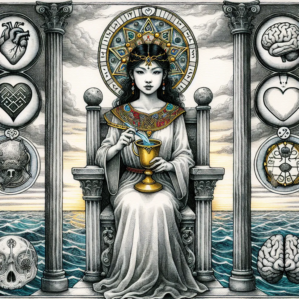 A detailed, hand-drawn tarot card depiction of the Queen of Cups. An Asian woman, the queen, sits on a marble throne styled after stoic philosophy. She meets the viewer's gaze with a look filled with meaning. In her hand, she holds a golden chalice. The chalice is filled with waters that symbolize wisdom. Emotional intelligence is represented through surrounding symbols. Among these are a heart entwined with a brain and an open book to symbolize knowledge. The background of the picture is an ocean at twilight, indicating a sense of peace and a mood of introspection.
