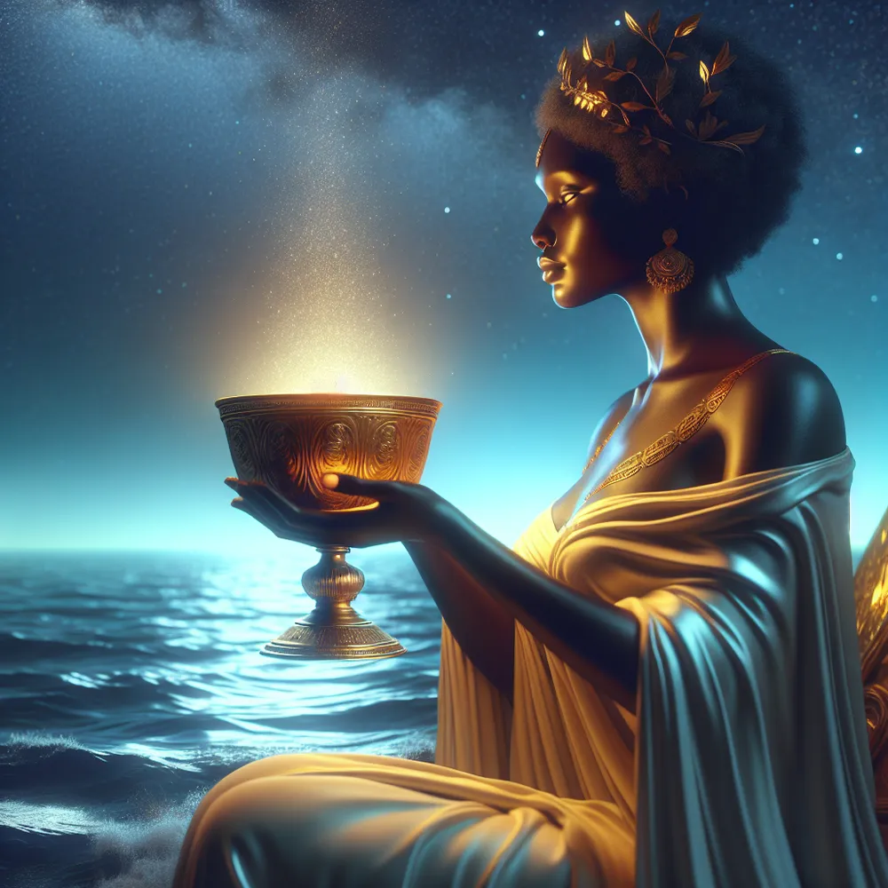 Create an image of a stoic female public figure, who could be of Black descent, graciously holding a golden cup filled with shimmering water. She is seated on a throne by the sea, bathed in the soft glow of a starlit night. This figure exudes a calming aura, her eyes glowing with wisdom and compassion. The scene is serene, mystical, inviting viewers into a world of profound emotion and intuitive grace.