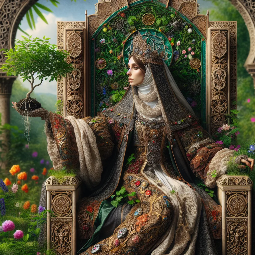 A Middle-Eastern medieval queen, dressed in richly ornamented royal garments, positioned comfortably on an extravagant throne. The throne's majestic design incorporates intricately carved details and rests within the flourishing tranquility of a verdant garden, brimming with a riot of colorful blossoms and lively greenery. The queen extends a delicately gloved hand, from which springs forth a thriving little plant, its roots embedded in a shiny pentacle coin that she grasped elegantly. The interplay of royal duty and garden nurture beautifully symbolised.