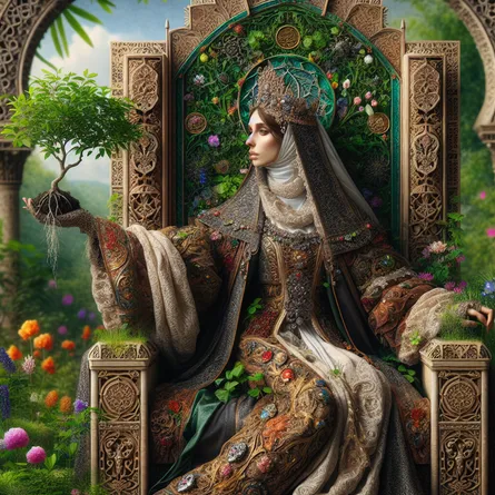 A Middle-Eastern medieval queen, dressed in richly ornamented royal garments, positioned comfortably on an extravagant throne. The throne's majestic design incorporates intricately carved details and rests within the flourishing tranquility of a verdant garden, brimming with a riot of colorful blossoms and lively greenery. The queen extends a delicately gloved hand, from which springs forth a thriving little plant, its roots embedded in a shiny pentacle coin that she grasped elegantly. The interplay of royal duty and garden nurture beautifully symbolised.