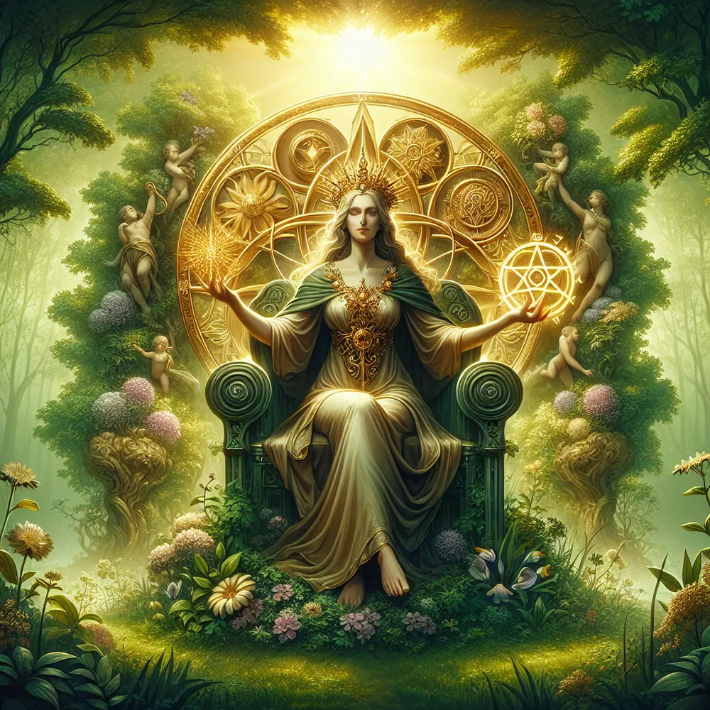 A detailed and radiant figure, influential in nature, seated on her throne. This figure is a Caucasian woman holding a luxurious, golden pentacle in her hands. Her throne is nestled in a lush, verdant forest with blooming flowers. The sun breaks through the canopy, casting a warm, golden light over everything.