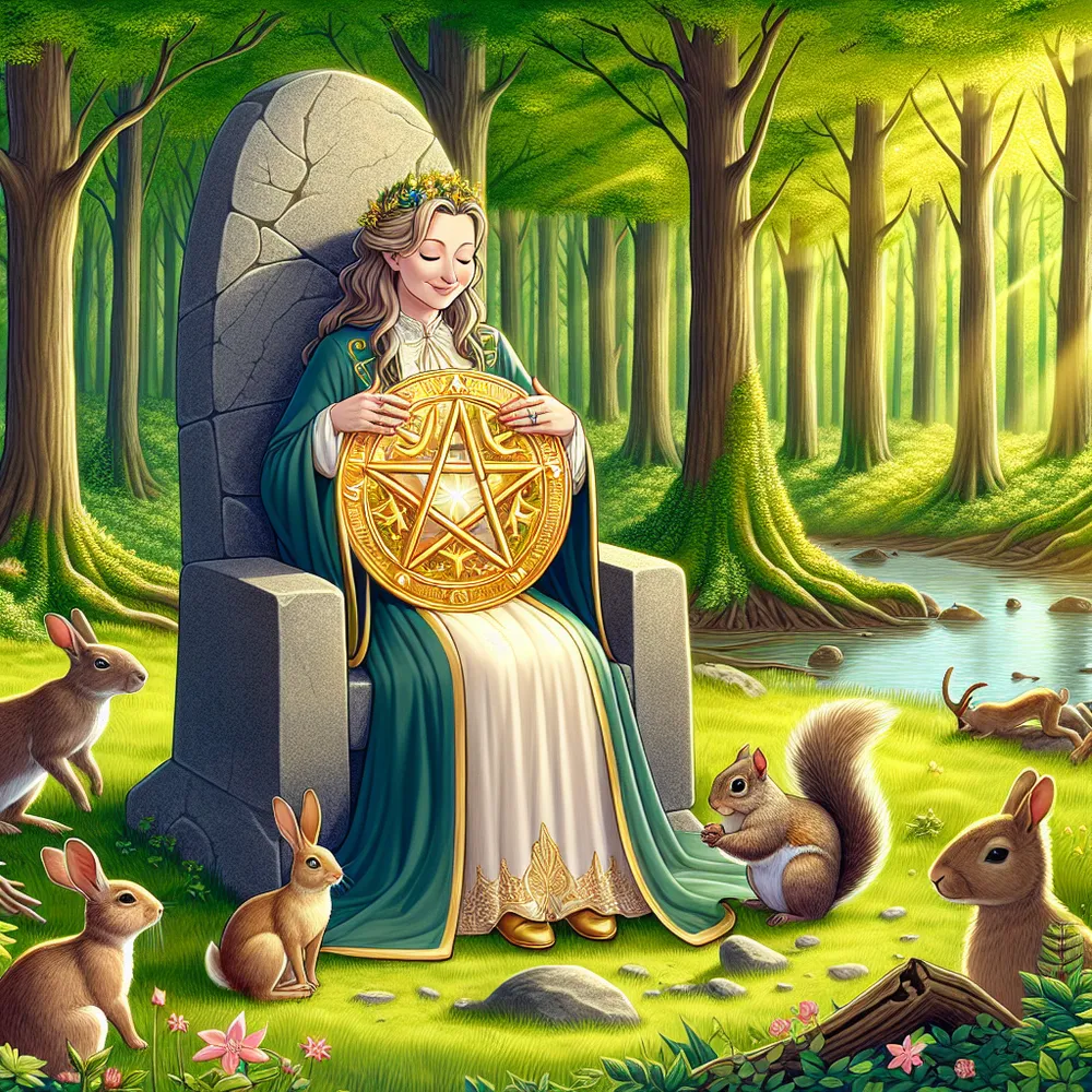 A kind-hearted and caring female public figure, identified by her royal attire, is gently seated on a hard stone throne that's located in a densely treed, vibrant green forest. In her hands, she holds a bright, gleaming pentacle made of gold. Surrounding her is wildlife, with nimble squirrels and playful rabbits frolicking near her. The air is filled with an air of tranquility and warmth.