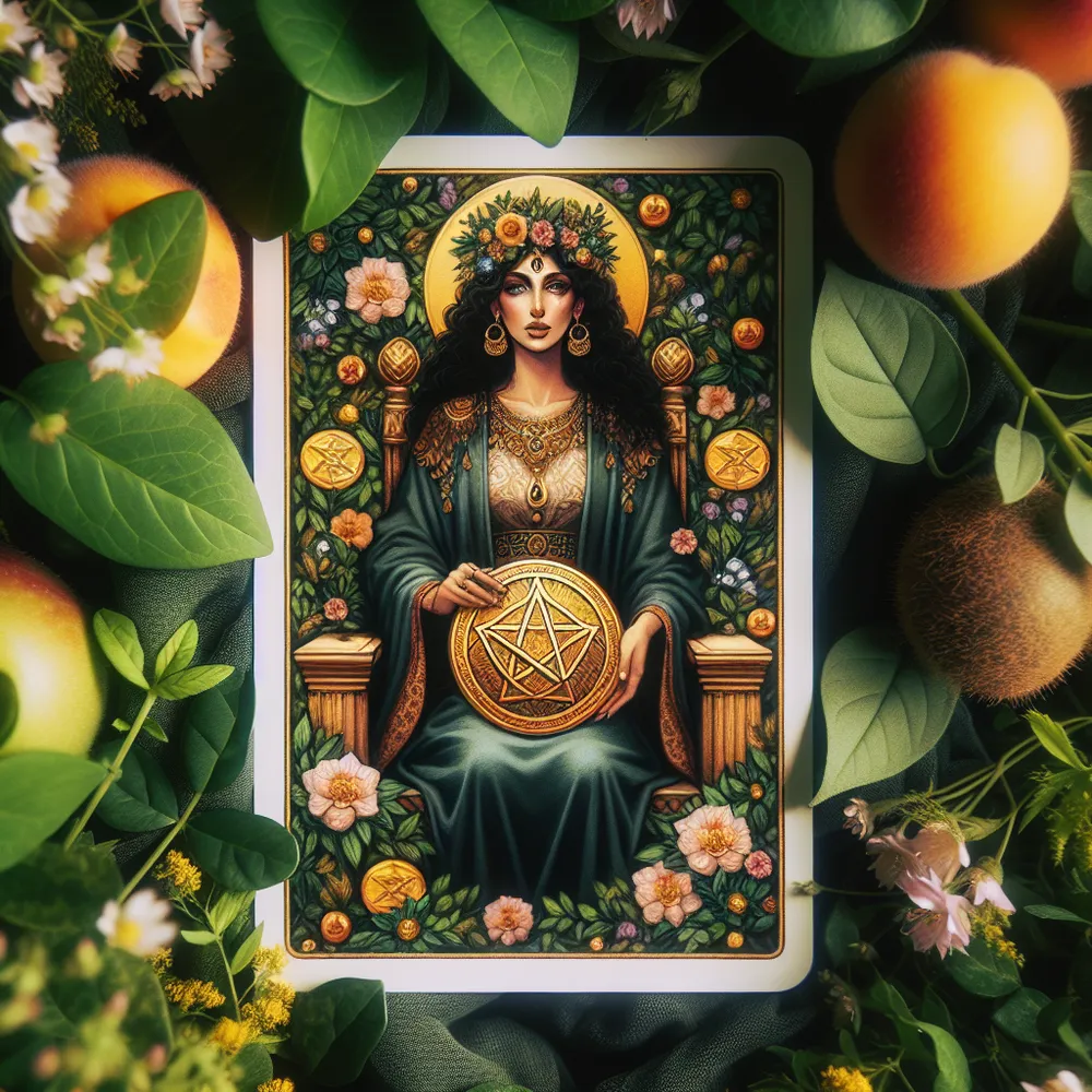 Create a serene and enchanting image of the Queen of Pentacles. She sits regally on a throne amidst lush, abundant greenery. She's a Middle-Eastern woman with an expression is one of nurturing wisdom and compassion, as she gently cradles a golden pentacle in her lap. Surround her with symbols of nature's bounty, such as blooming flowers and ripe fruits, evoking a sense of grounded tranquility and nurturing abundance. Use warm, earthy tones to reflect her connection to the earth.