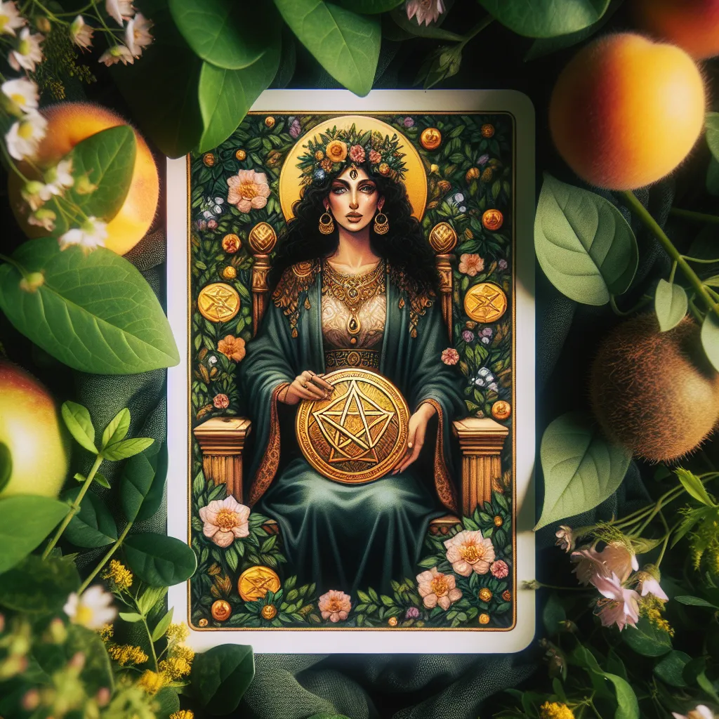 Create a serene and enchanting image of the Queen of Pentacles. She sits regally on a throne amidst lush, abundant greenery. She's a Middle-Eastern woman with an expression is one of nurturing wisdom and compassion, as she gently cradles a golden pentacle in her lap. Surround her with symbols of nature's bounty, such as blooming flowers and ripe fruits, evoking a sense of grounded tranquility and nurturing abundance. Use warm, earthy tones to reflect her connection to the earth.