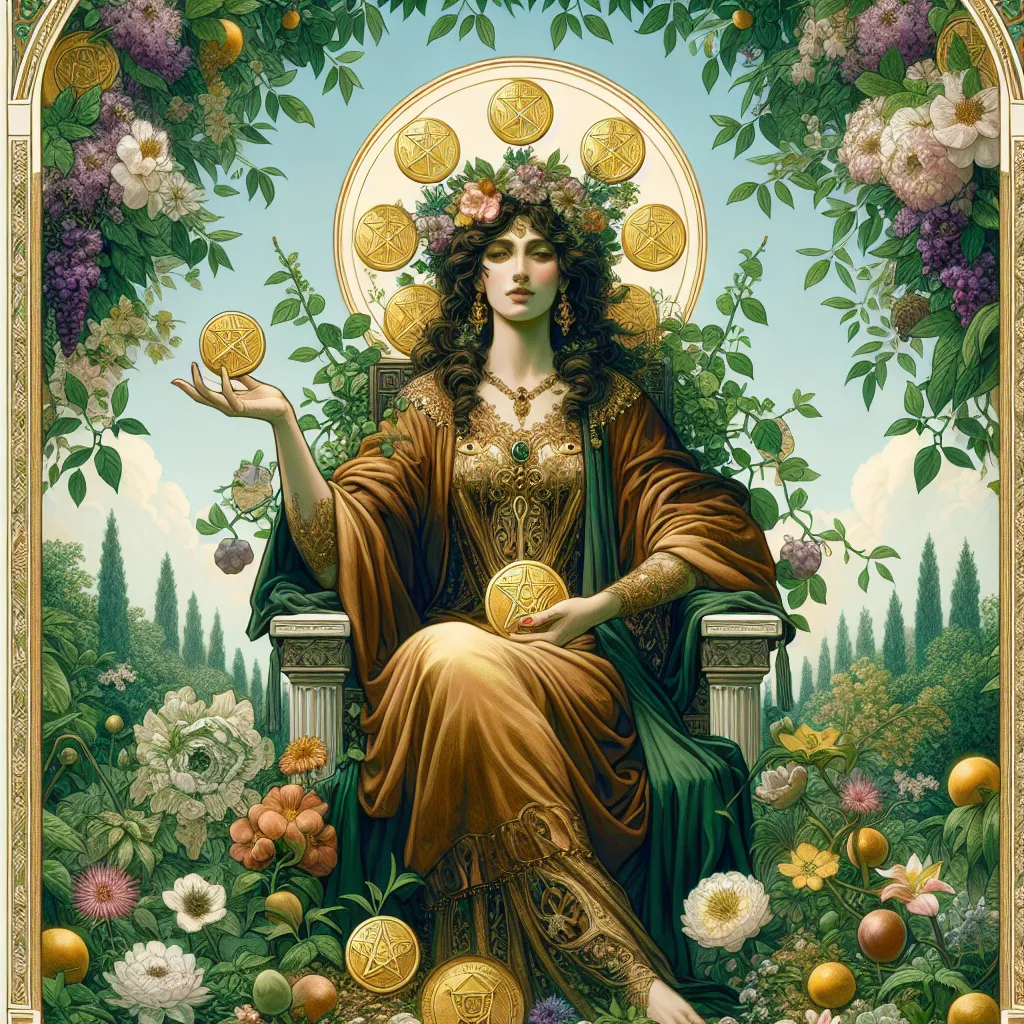 Create an elegant and serene depiction of the Queen of Pentacles in a lush garden setting. She is seated on a throne, surrounded by abundant greenery and blooming flowers, symbolizing prosperity and growth. The Queen holds a gold pentacle in her lap, exuding an aura of nurturing calmness and strength. Her attire is rich and earthy, with intricate designs reminiscent of classical art. The background features a clear blue sky and softly lit ambiance, conveying a sense of grounding and connection to nature.