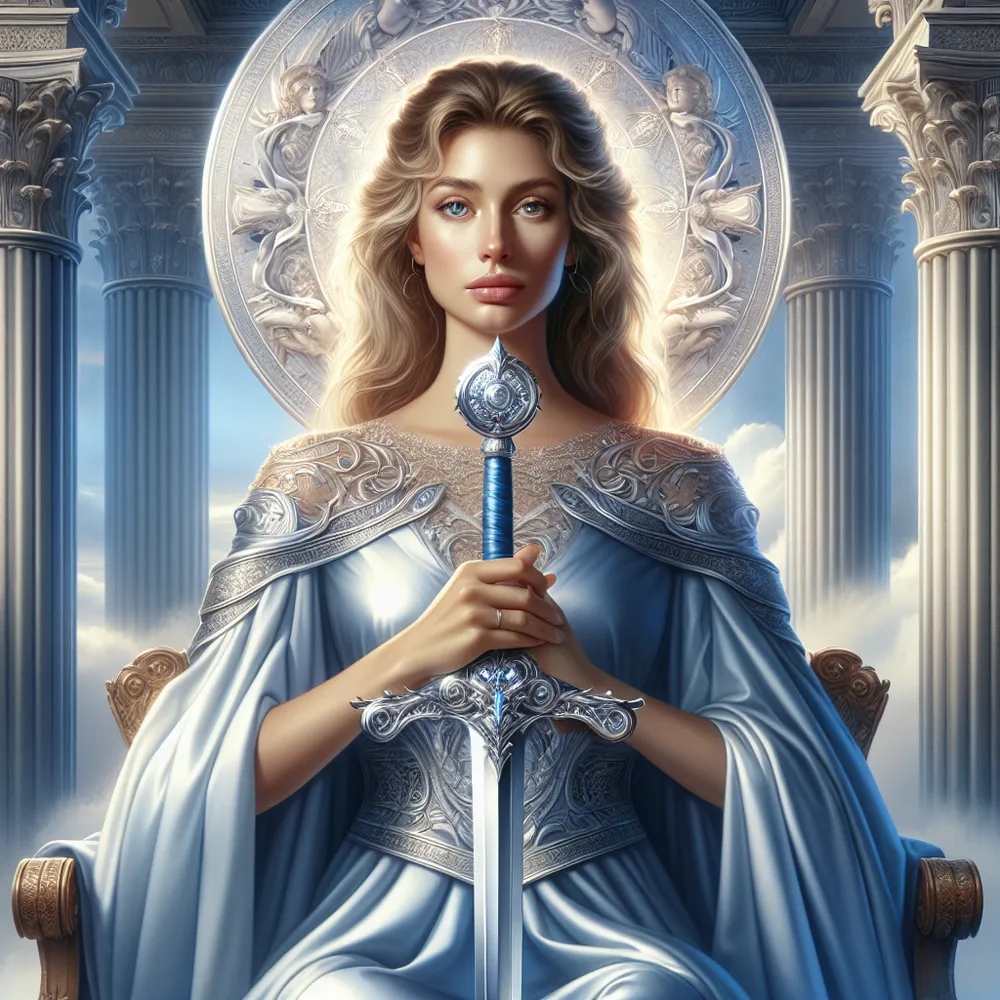 Create an image of a Caucasian woman, nobly seated on a throne in a grand court. She radiates regality, adorned in royal outfits. Her gaze is unwavering, exuding wisdom and authority. In her hands, she holds an upright gleaming sword, a symbol of truth and clarity. The blade casts a luminous reflection onto her well-defined face. The backdrop behind her consists of intertwined clouds, illustrating her lofty ideals. Her throne is nestled between columns, epitomizing balance and symmetry. The color scheme primarily features tones of blue and silver, indicating her association with the air element and communication.