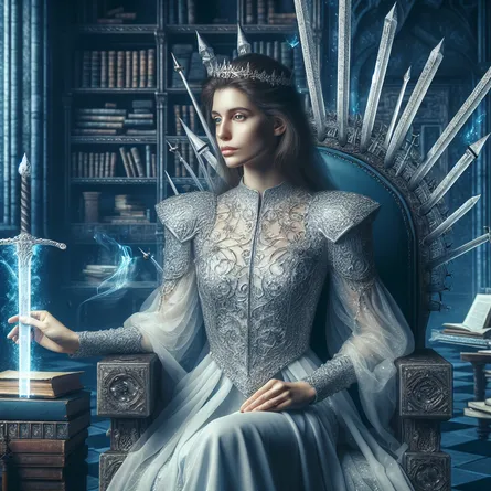 Create an image of a noble and wise Caucasian medieval queen seated on a throne, delicately constructed from ethereal swords. Her thoughtful facial expression manifests her sharp intellect. Holding a glowing sword upright, she exemplifies the spirit of wisdom. The backdrop is a court filled with ancient books, scrolls, and mysterious artefacts, indicating a deep reservoir of wisdom and keen intellect. The court is dominated by cool and calm colors - blues and silvers.