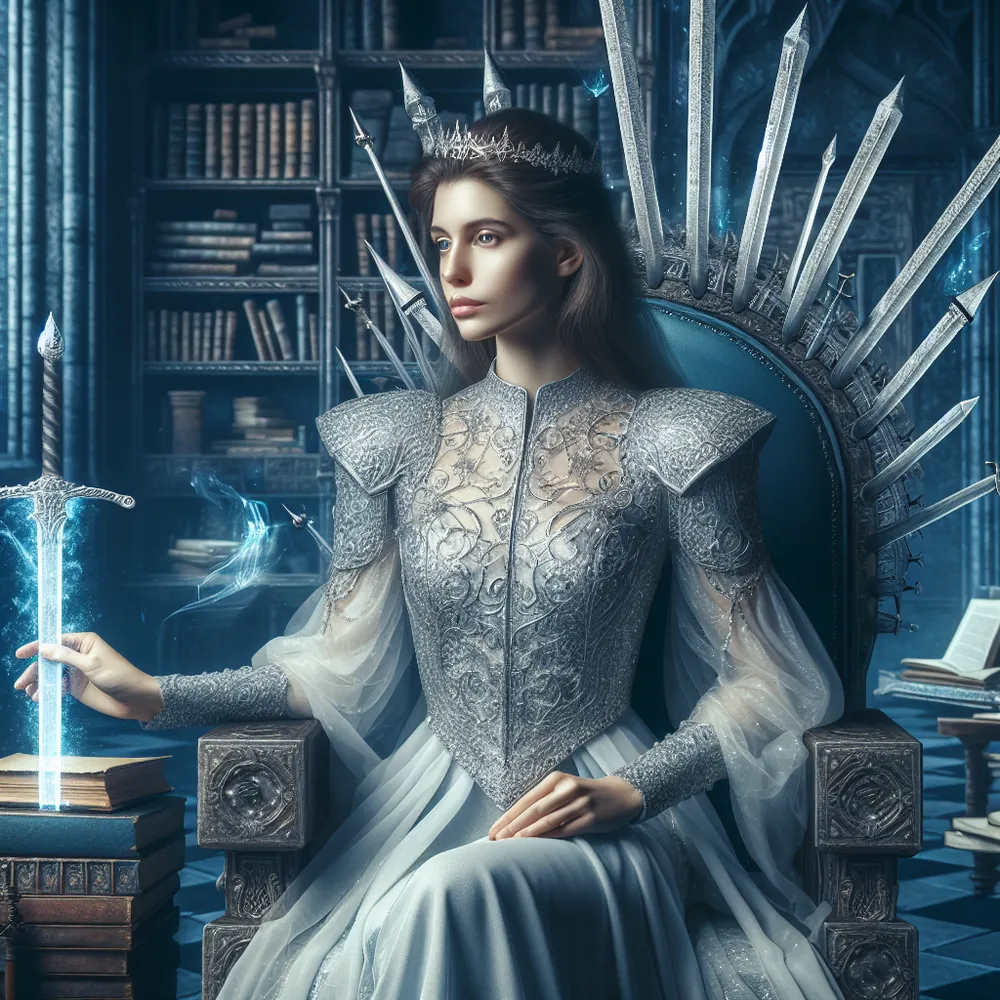 Create an image of a noble and wise Caucasian medieval queen seated on a throne, delicately constructed from ethereal swords. Her thoughtful facial expression manifests her sharp intellect. Holding a glowing sword upright, she exemplifies the spirit of wisdom. The backdrop is a court filled with ancient books, scrolls, and mysterious artefacts, indicating a deep reservoir of wisdom and keen intellect. The court is dominated by cool and calm colors - blues and silvers.