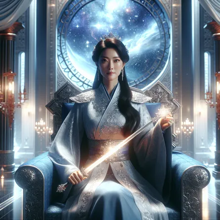 Generate an image of a confident and poised royal leader, who is an Asian woman, positioned on her ornate seat in a tranquil royal residence. She is holding an aglow blade, an emblem of transparency and verity. The ambiance is suffused with intelligence, personified by a cosmos teeming with stellar bodies. Gentle illumination cascades through the towering apertures, highlighting the complex designs on the majestic blue-and-silver seat. The female leader herself emanates tranquility and command, made prominent by her determined, penetrating look. She signifies resilience, sagacity, symbolizing the essence of a powerful figure from the Tarot deck.
