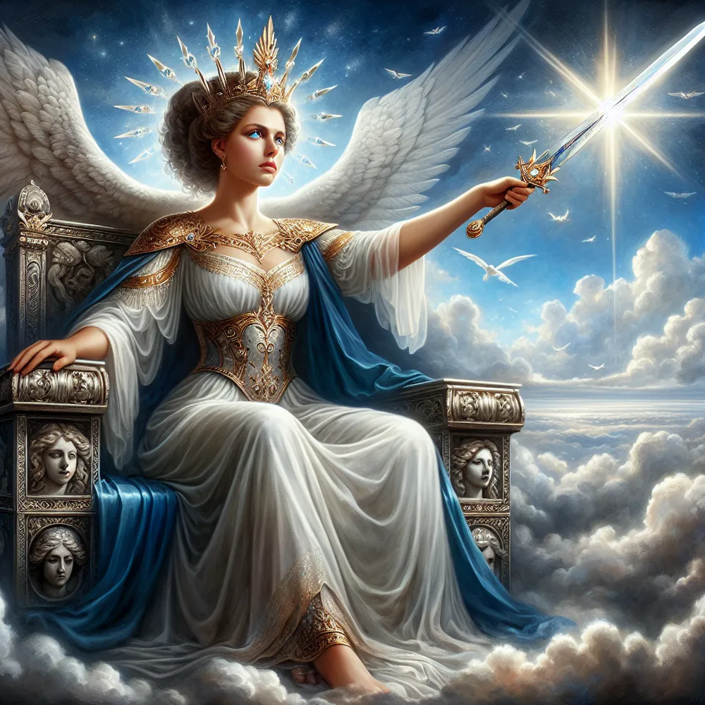 A majestic Queen seated on a throne, holding a bright, gleaming sword pointing upwards towards a sky scattered with wisps of cloud. Her expression is stern yet compassionate, and her eyes glisten with wisdom and truth. The throne is adorned with intricate carvings of clouds and wings. Her attire is elegant and regal, a blend of royal blues, whites and silver, radiating her intellectual power. The backdrop depicts a wide, open sky, signifying clarity and understanding.