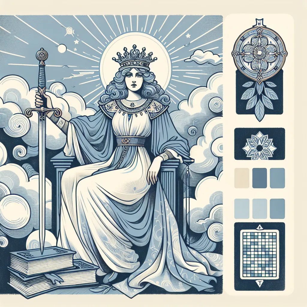 Create an illustration of the Queen of Swords from the tarot deck. She is seated on a throne, holding a sword upright in one hand with a stern yet compassionate expression. Her throne is ornately decorated, surrounded by clouds symbolizing clarity and insight. Include elements that evoke intellect and intuition, such as books and a gentle breeze that stirs her robes and hair. The color palette should evoke a sense of wisdom and serenity, with soft blues and silvers.