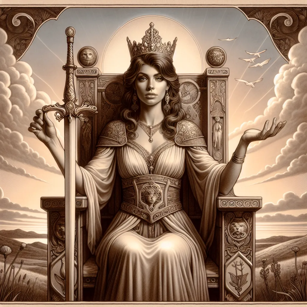Create an image of a regal woman embodying the Queen of Swords from tarot. She sits confidently on a throne adorned with intricate carvings, holding a sword upright in her right hand. Her expression is one of calm intellect and decisive clarity, casting a penetrating gaze into the distance. Her left hand is extended as if beckoning the viewer. The background is a serene landscape with gently rolling clouds and open skies, symbolizing wisdom and insight. Include elements that represent air and intellect, such as delicate clouds or birds in flight, elevating the scene with a mystical, yet serene ambiance.