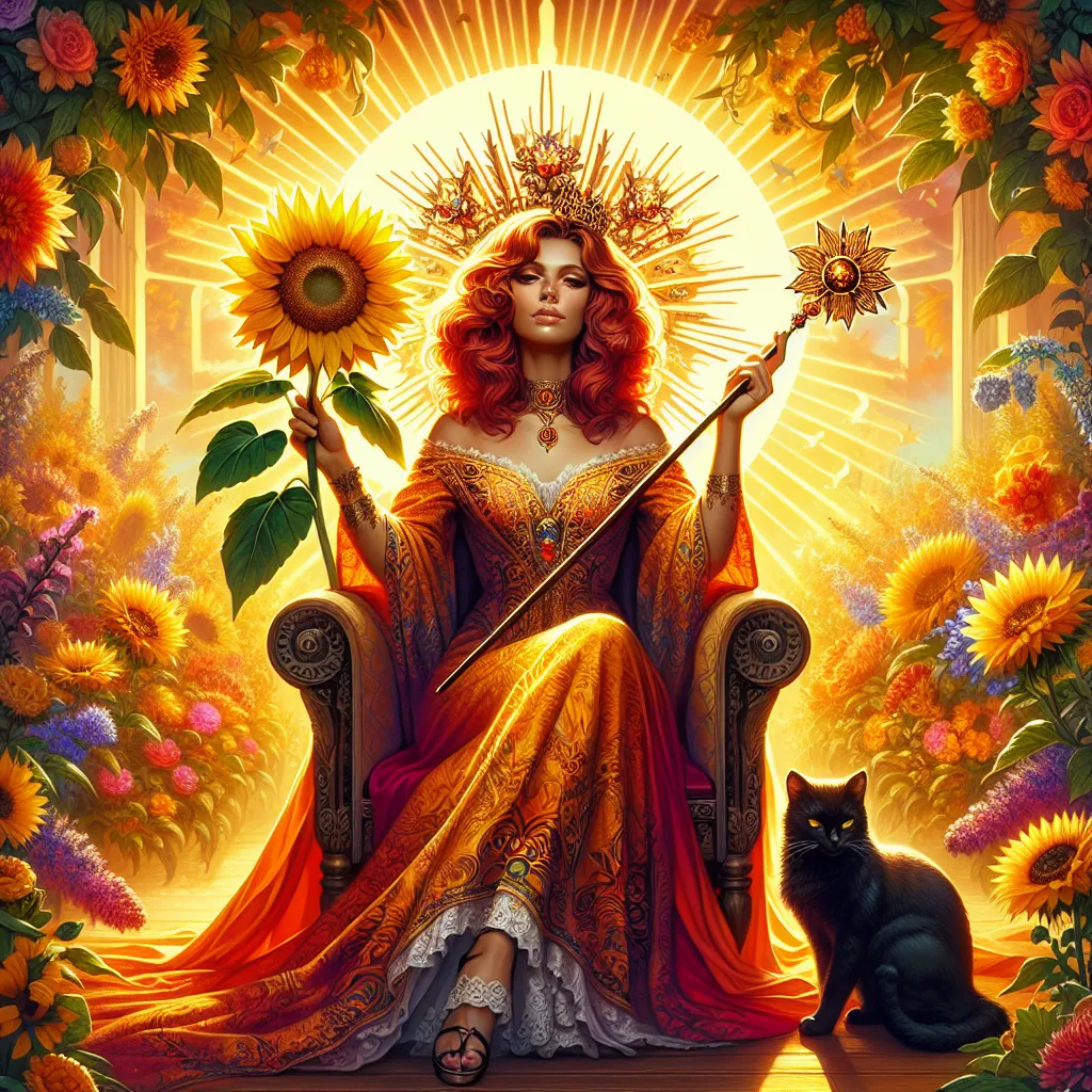 Create an image of a regal Queen of Wands seated on a throne in a vibrant, sunlit garden. She holds a sunflower in one hand, symbolizing life and optimism, and a wand in the other, indicating creative power. Her expression is one of confidence and warmth, with fiery tones and intricate patterns on her attire. A black cat sits beside her, symbolizing independence and enigmatic energy. The background is lush with blooming flowers and warm golden hues to convey a sense of vitality and passion.