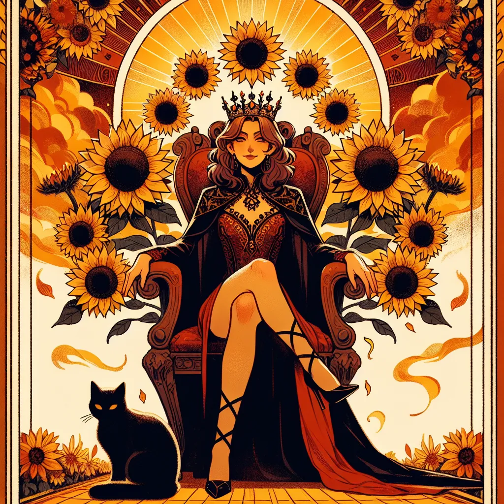 Create an artwork depicting the Queen of Wands from the tarot. She is a confident and charismatic queen sitting on a throne adorned with sunflowers. A black cat sits at her feet, symbolizing mystery and intuition. The background exudes warmth with a palette of rich oranges and reds, conveying her fiery passion and leadership qualities. The scene captures a sense of energy and empowerment, emphasizing her role as a vibrant and inspiring leader.