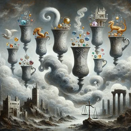 A surrealistic reinterpretation of the 'Seven of Cups' tarot card featuring seven ornate cups. Each cup is filled with a different symbol traditionally associated with this card. The symbols include a dragon, a castle, an array of sparkling jewels, a laurel wreath, and a snake. These cups are majestically floating among swirling, misty clouds to emphasize a dreamlike atmosphere. The background subtly integrates a finely balanced scale, thereby symbolizing the concept of 'Justice'. Amongst a scene of ruins or a landscape presenting challenging terrain, there stands a solitary wand, signifying the 'Nine of Wands' tarot card.