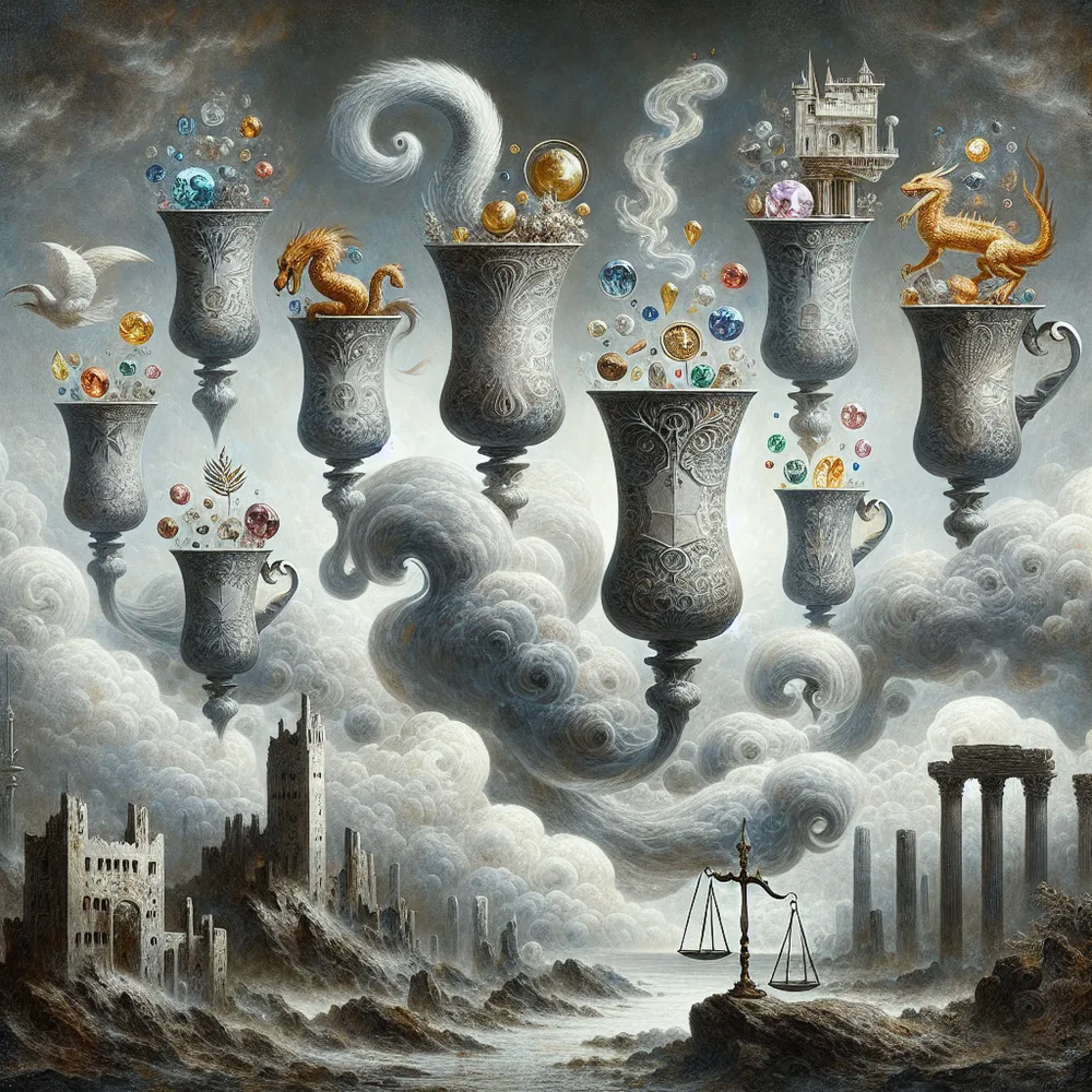 A surrealistic reinterpretation of the 'Seven of Cups' tarot card featuring seven ornate cups. Each cup is filled with a different symbol traditionally associated with this card. The symbols include a dragon, a castle, an array of sparkling jewels, a laurel wreath, and a snake. These cups are majestically floating among swirling, misty clouds to emphasize a dreamlike atmosphere. The background subtly integrates a finely balanced scale, thereby symbolizing the concept of 'Justice'. Amongst a scene of ruins or a landscape presenting challenging terrain, there stands a solitary wand, signifying the 'Nine of Wands' tarot card.