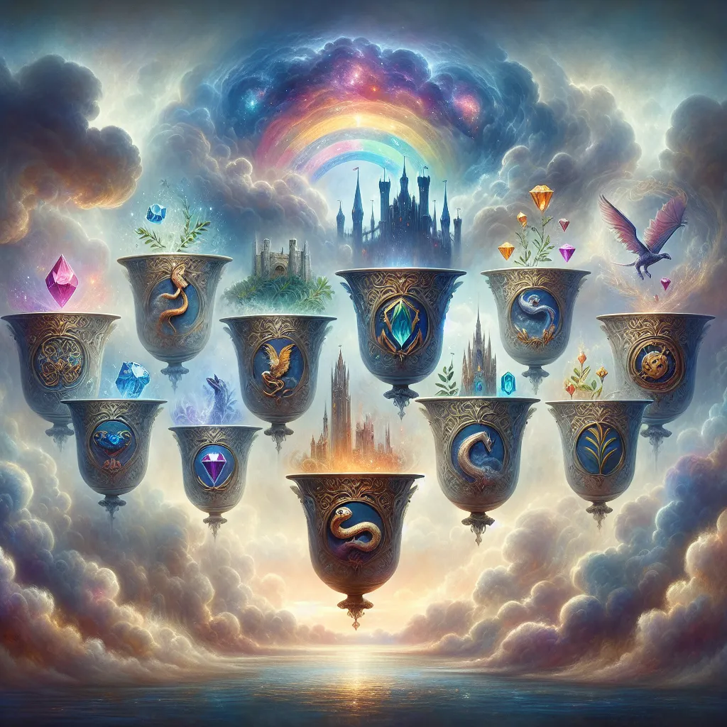 Create an image representing the Seven of Cups tarot card. Include seven ornate cups floating in the air against a dreamy, swirling background of mist and clouds. Each cup contains a distinct symbol: a castle, a snake, a laurel wreath, a dragon, jewels, a mysterious shrouded figure, and a shimmering rainbow. The scene should evoke a sense of wonder, choice, and illusion, with a palette of ethereal blues, purples, and golds. Add subtle details to give a mystical and fantastical atmosphere.