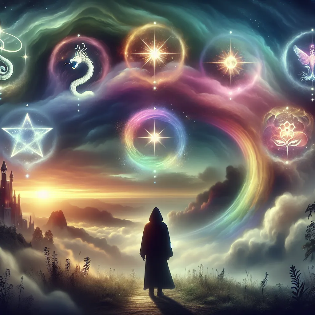 Create a fantasy-inspired image of a figure standing alone in a mystical landscape, gazing at seven floating cups in the sky. Each cup contains different symbolic elements: a glowing castle, a serpent coiling around an orb, a radiant star, a shadowy figure, a glimmering rainbow, a swirling fog, and a vibrant bouquet of flowers. The scene should evoke a sense of wonder, contemplation, and choice, with the background featuring a blend of soft swirling clouds and a dreamy, ethereal atmosphere.