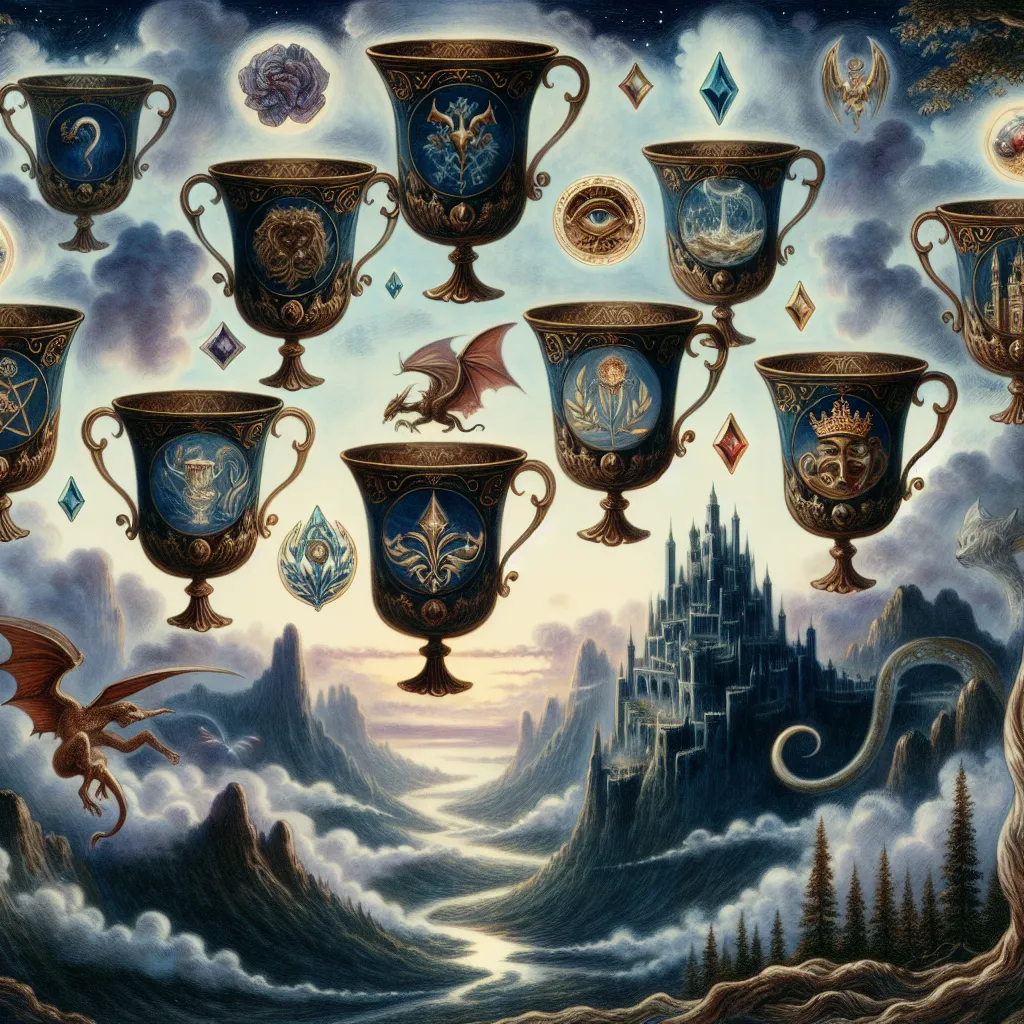 An ethereal scene depicting the Seven of Cups from the tarot deck. Visualize a dreamy landscape where seven ornate cups float mid-air, each cup containing different mythical images like a castle, a dragon, a snake, a mask, a laurel wreath, a shining jewel, and a mysterious figure. The background is a misty, otherworldly valley that evokes a sense of wonder and contemplation. The art style should be mystical and detailed, capturing both the allure and confusion of choices and dreams. The color palette should be rich with deep blues, purples, and golds to give a magical, yet slightly enigmatic feel.