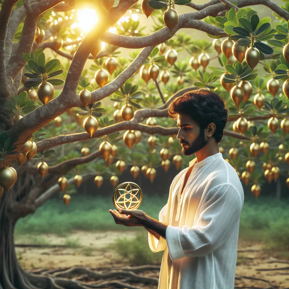 A South Asian man, standing in contemplation in the presence of a densely leafed tree flourishing with radiant, gold pentacles. He is staring intently at a single pentacle, held delicately within his grasp. This scene unfolds under the serene ambiance of a setting sun.