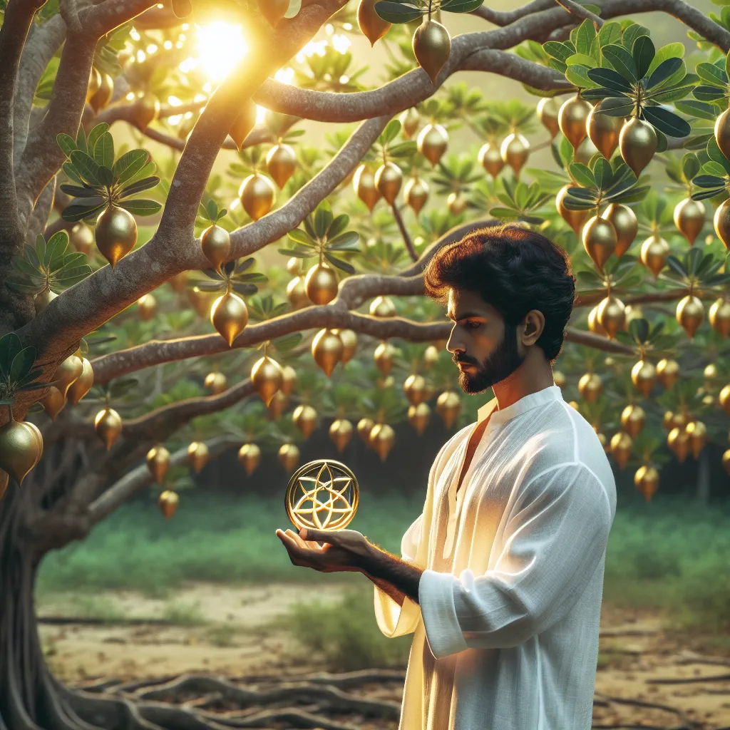 A South Asian man, standing in contemplation in the presence of a densely leafed tree flourishing with radiant, gold pentacles. He is staring intently at a single pentacle, held delicately within his grasp. This scene unfolds under the serene ambiance of a setting sun.