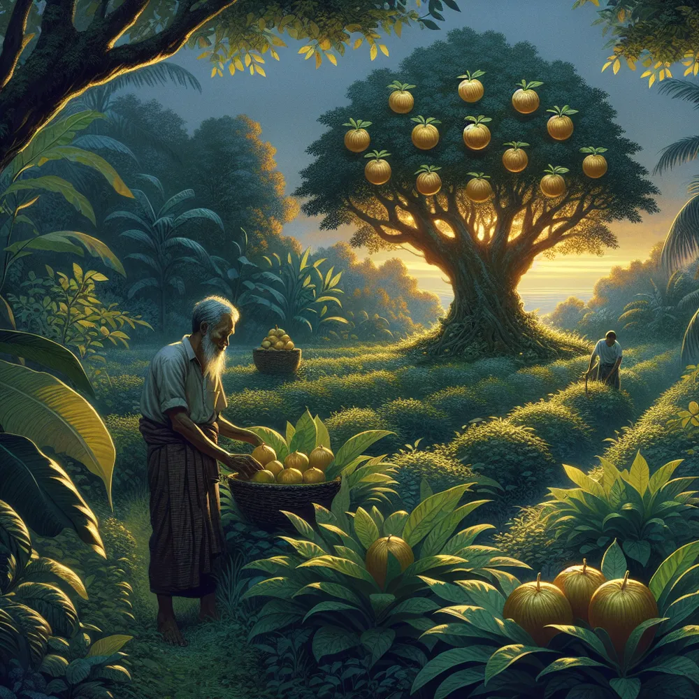 Illustrate a seasoned, South Asian gardener diligently nurturing plants of assorted species in a verdant garden. The scene is dominated by a colossal, pentacle-shaped tree in the middle, adorned with seven glistening golden fruits basking in the mellow glow of dusk. The gardener's countenance reflects tranquility and contentment, subtly expressing the patience invested in their tasks and the unspoken happiness through the results of their dedicated struggles.