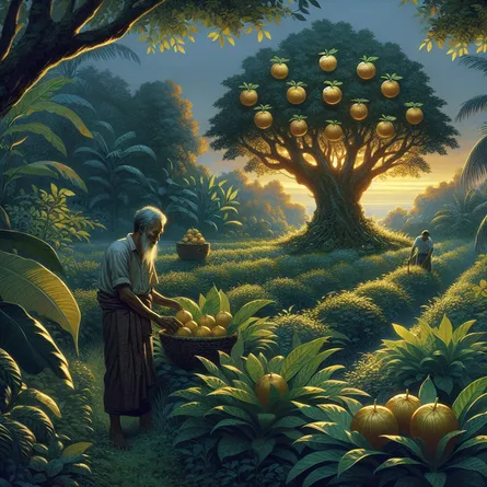 Illustrate a seasoned, South Asian gardener diligently nurturing plants of assorted species in a verdant garden. The scene is dominated by a colossal, pentacle-shaped tree in the middle, adorned with seven glistening golden fruits basking in the mellow glow of dusk. The gardener's countenance reflects tranquility and contentment, subtly expressing the patience invested in their tasks and the unspoken happiness through the results of their dedicated struggles.