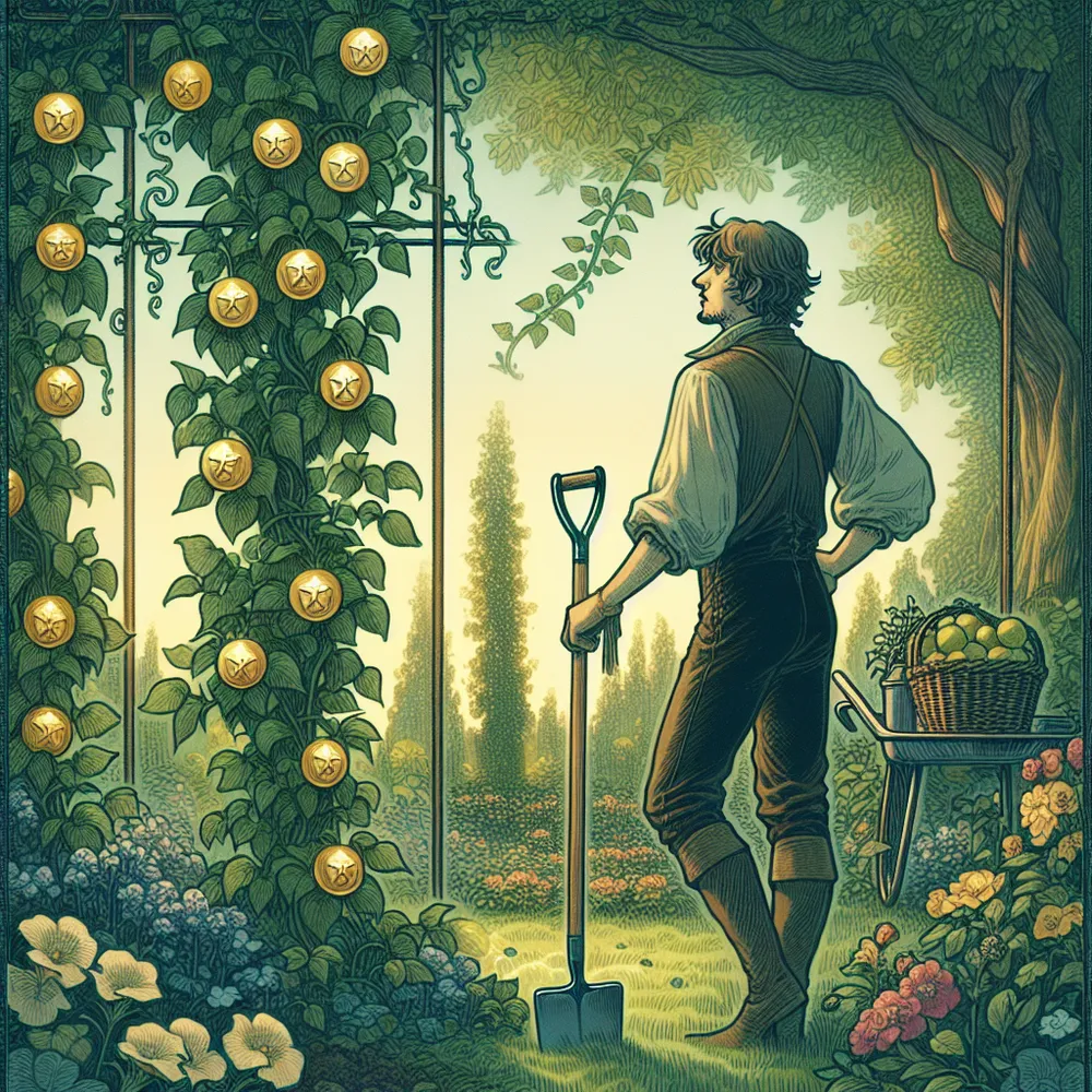 Create a detailed illustration of the Seven of Pentacles tarot card. Show a thoughtful figure standing in a lush garden, resting on a hoe as they survey a bountiful harvest of pentacles growing on vines. The setting should be serene and verdant, capturing a sense of contemplation and patience. Include subtle elements of nature, like blooming flowers and a gentle breeze rustling the leaves, with a warm, golden light evoking the time of early morning or late afternoon, symbolizing a moment of reflection in the cycle of growth and fruition.