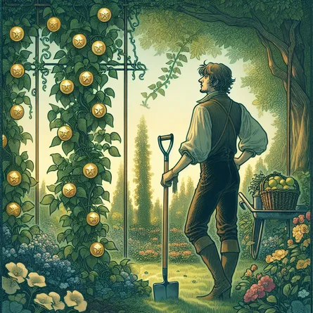 Create a detailed illustration of the Seven of Pentacles tarot card. Show a thoughtful figure standing in a lush garden, resting on a hoe as they survey a bountiful harvest of pentacles growing on vines. The setting should be serene and verdant, capturing a sense of contemplation and patience. Include subtle elements of nature, like blooming flowers and a gentle breeze rustling the leaves, with a warm, golden light evoking the time of early morning or late afternoon, symbolizing a moment of reflection in the cycle of growth and fruition.