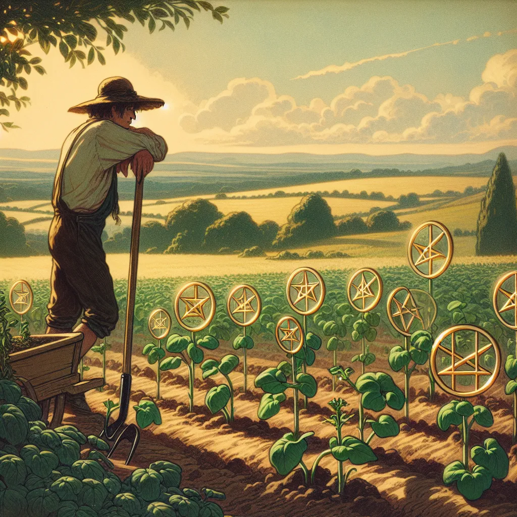 Create a serene, pastoral scene depicting the traditional imagery of the Seven of Pentacles tarot card. In the foreground, envision a thoughtful farmer leaning on a hoe, gazing at a thriving garden of pentacle-shaped plants. The plants symbolize growth and effort, each one flourishing in the fertile soil. The backdrop is a peaceful landscape under a gentle, golden afternoon light, with distant rolling hills. The mood should convey patience, contemplation, and peaceful reflection, capturing the essence of assessing the fruits of one's labor.
