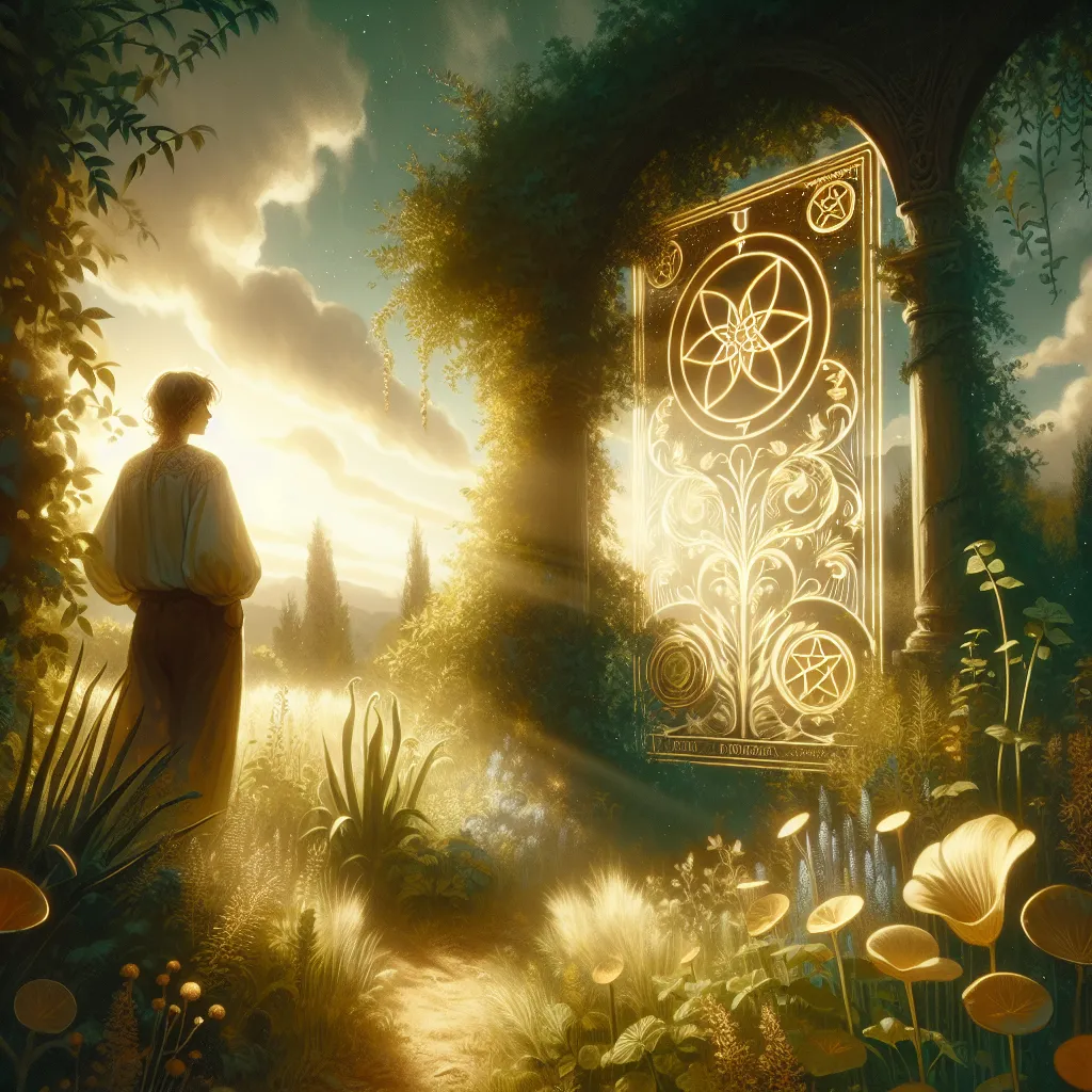Create a serene, mystical illustration of the Seven of Pentacles tarot card. Depict a contemplative figure standing in a lush garden, gazing thoughtfully at a flourishing series of pentacle-emblazoned plants. The scene is bathed in soft, golden sunlight, conveying a sense of patience and reflection. The figure should appear absorbed in thought, embodying the theme of tending to one's investments and evaluating progress. Include elements of rustic nature, vines and gentle breezes to create a tranquil and reflective mood.