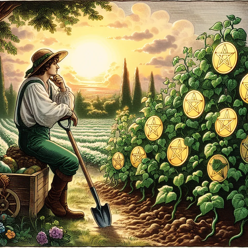 Create an image of the Seven of Pentacles tarot card, featuring a serene garden scene. In the foreground, a thoughtful farmer in period clothing leans on a wooden hoe, gazing contemplatively at abundant, lush pentacle symbols growing on vibrant vines. The background reveals a gentle sunrise casting warm hues over the landscape, symbolizing growth and reflection. Include intricate details that highlight themes of patience and evaluation, such as subtle textures of the soil and leaves. The style should be a blend of classical tarot imagery and realistic, serene landscape art.