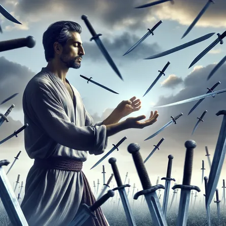 A Caucasian man in a stoic posture, carefully navigating through a seemingly perilous field of floating swords under a cloudy sky. He manages to grasp some swords skilfully in his Middle-Eastern hands, whilst leaving others behind. This South Asian man's focus isn't what he leaves, but what he possesses - a symbolic representation of equanimity and endurance amidst adversity.